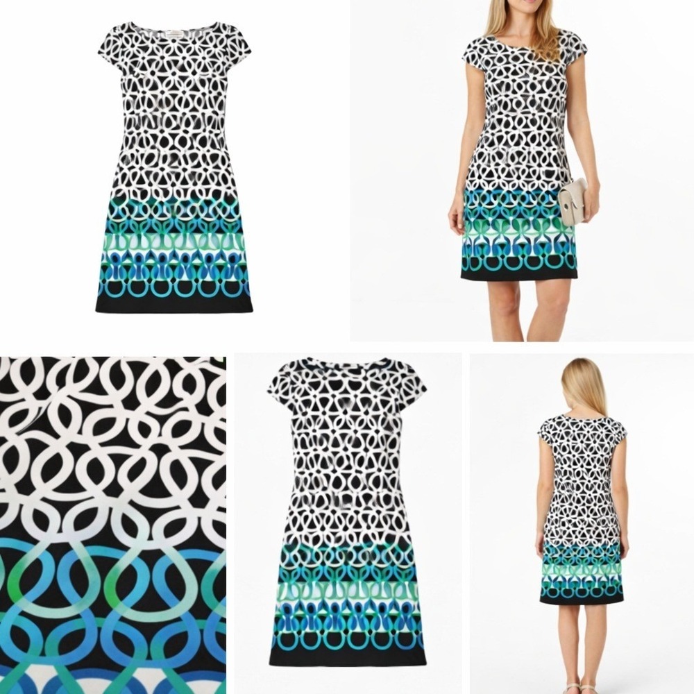 Karin Stevens Sheath Dress Womens Small Teal Blue Black Wht Geometric Cap Sleeve